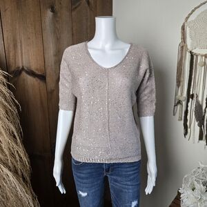 NWT H by Halston Sequin Dolman Knit Top, Half Sleeve, V-Neck Sweater